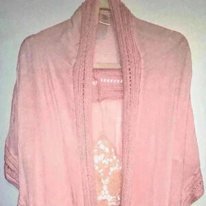 FORGOTTEN GRACE Crochet Cardigan Size XL Kimono Vest Duster Topper Dusty Peach